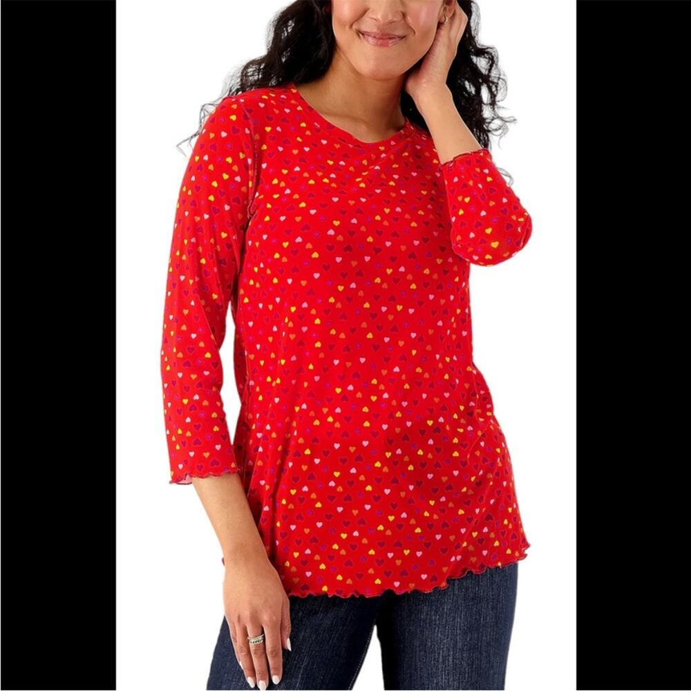 LOGO Layers by Lori Goldstein Mesh Heart 3/4 Sleeve Top in Fiery Red Size L